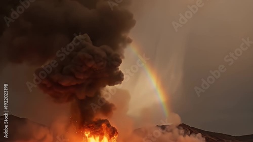 Volcanic Eruption with Rainbow and Lava Flow.