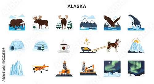 Alaska Travel and Nature Icons Moose, Aurora, Mountains, and Wildlife