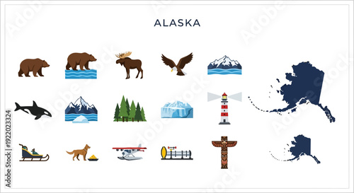 Alaskan Icons Flat vector collection illustrating native wildlife, stunning landscapes, cultural symbols, and adventure travel elements of the region