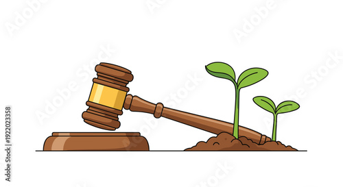 A traditional wooden judge's gavel lies leaning against a mound of rich earth where two small green plants are thriving.