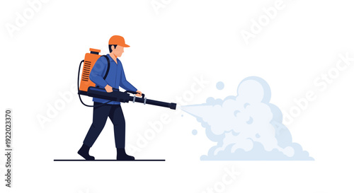 A worker in a uniform and cap operates a portable fogging machine with a backpack sprayer, emitting a thick cloud of mist.