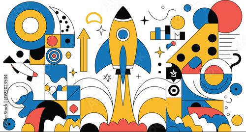 Vibrant abstract illustration of a rocket ship in a futuristic geometric landscape