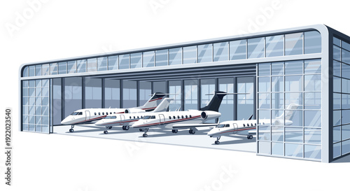 A contemporary glass-fronted aircraft hangar showcases multiple luxurious private jets neatly parked inside its expansive interior.