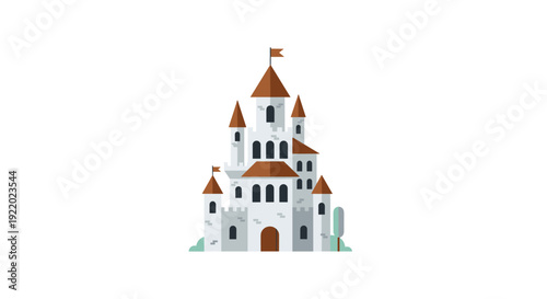 A whimsical fairy tale castle with multiple pointed brown rooftops and tall white towers stands majestically on a white background.