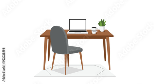 A simple wooden desk with a laptop, coffee mug, and potted plant is paired with a grey upholstered chair on a white rug.