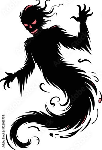 Spooky black shadow monster with glowing red eyes and sharp teeth, featuring a furry, wispy body and clawed hands, depicted in a cartoon vector style isolated on a transparent background.