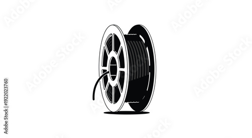 A monochrome illustration features a black cable coiled around a large spoked white reel with a simple clean outline style.