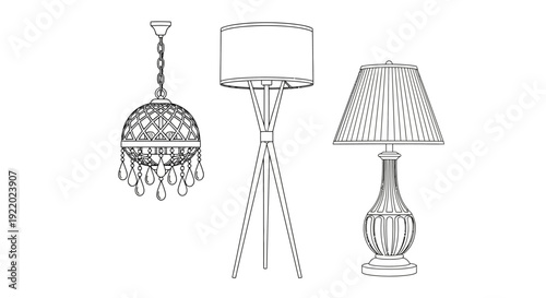 Line art illustration of lamp, chandelier, and floor lamp viewed from the front in a minimalist style