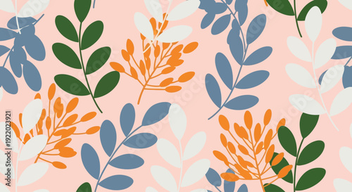 A vibrant floral pattern featuring stylized leaves and branches in various colors on a soft peach background from a top-down viewpoint.