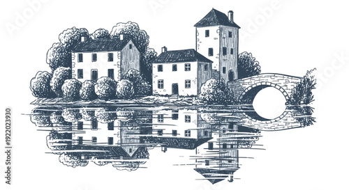 Serene village landscape with historic buildings reflected in calm water, captured from a distant viewpoint.