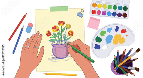 Creative art session with hands painting vibrant flowers in a pot on paper with colorful brushes and paints