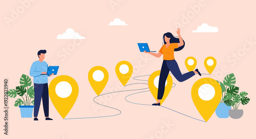 People navigating through locations with digital devices and map markers in a journey