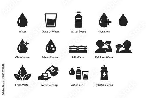 Water icons collection: bottles, glasses, hydration, and drinking symbols