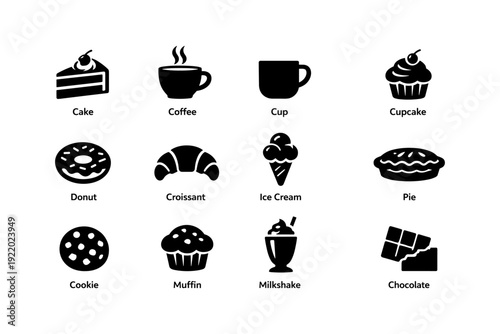 Assorted dessert and beverage icons: cake, coffee, cup, cupcake, donut, croissant, ice cream