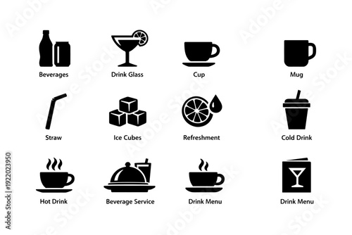 Beverage icons: glass, cup, mug, straw, ice, refreshment, cold, hot, drink, menu, service