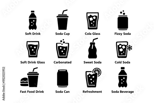 Black and white beverage icons: soda, fast food, fizzy drinks, refreshments, cola glass illustrations