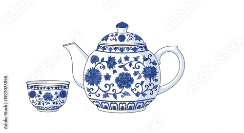 A beautifully ornate blue and white porcelain teapot and a matching teacup with intricate floral patterns are displayed together.