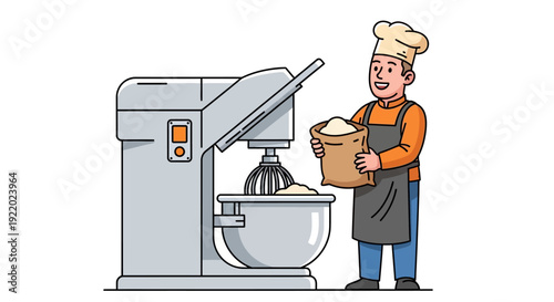 A chef standing beside a large mixer, holding a bag of flour in a commercial kitchen environment from a slight angle viewpoint