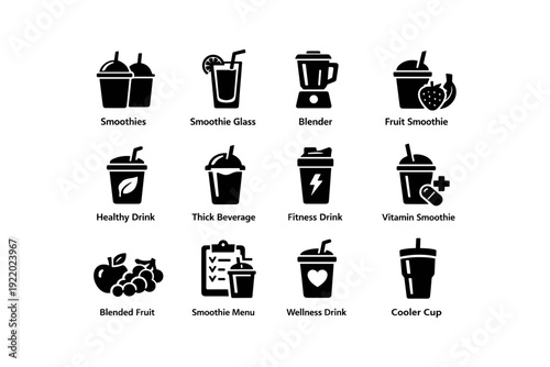 Smoothie icons collection: blenders, glasses, and fruit drinks