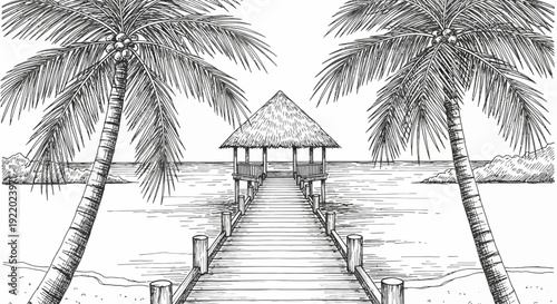 Serene tropical dock leads to hut surrounded by palm trees on a tranquil ocean shore