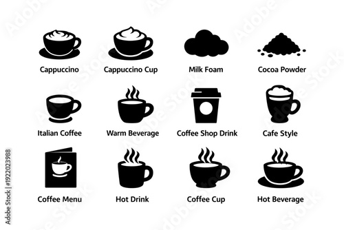 Coffee icons: cappuccino, foam, cocoa powder, italian coffee, warm beverage