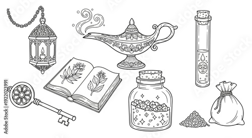 A collection of mystical objects including a lamp, book, and potions, depicted in a vintage illustration style displayed from a straightforward viewpoint
