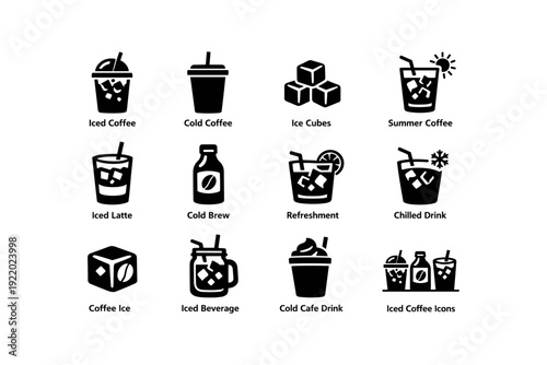 Variety of iced coffee and cold drink icons with ice cubes and refreshments
