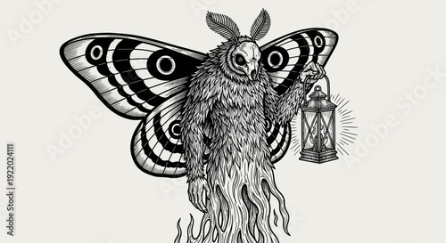 Mysterious mothman creature holding lantern illustration in black and white