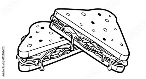 Illustration of two sandwiches with filling being pulled apart, showcasing the contents in a simple line drawing style from a slightly angled viewpoint