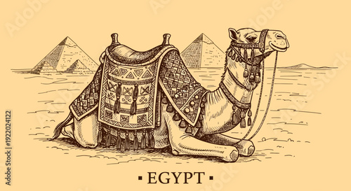 Camel sitting in desert landscape with pyramids in the background, viewed from the side in a vintage illustration