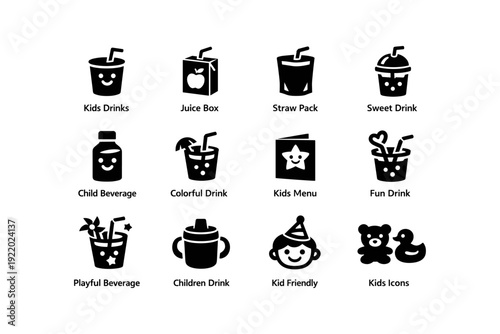 Cute icons of kids' drinks and beverages with fun designs