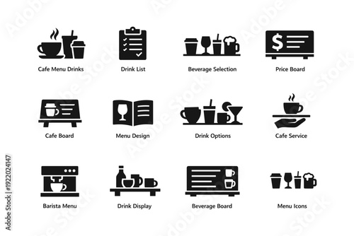 Cafe menu icon set with drink options and beverage selection symbols