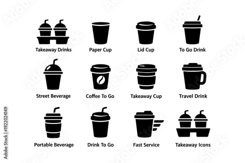 Various takeaway drink icons: cups, lids, and beverage symbols for fast service