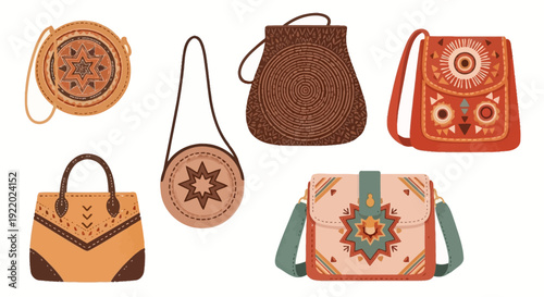 Assorted leather bags and purses with intricate designs displayed together on a neutral background from a frontal viewpoint