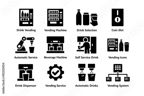 Vending machine icons set with drink dispenser and beverage selection illustrations