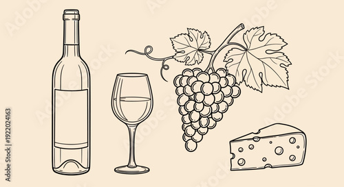 A bottle of wine, glass, grapes, and cheese arranged together on a simple background, line illustration.