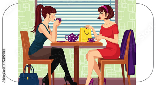 Two women sitting at a table in a café, engaged in a conversation, with drinks and a purse on the table
