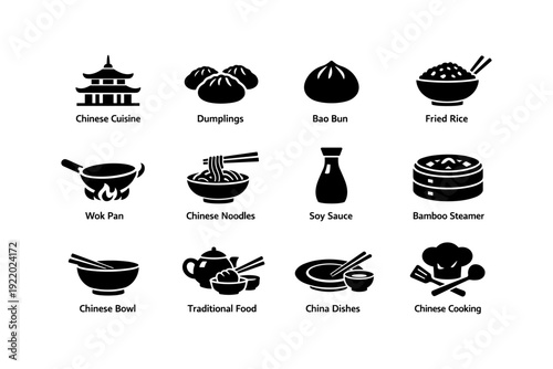 Chinese cuisine icons: dumplings, bao buns, fried rice, wok pan, bamboo steamer