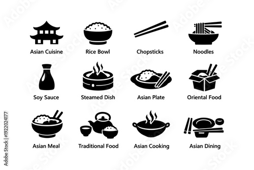Asian cuisine icons: rice, noodles, soy sauce, chopsticks, traditional dishes