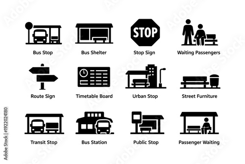 Public transportation symbols: bus stops, signs, shelter, timetable, passengers