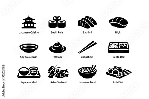 Japanese cuisine icons featuring sushi, sashimi, wasabi, and bento box