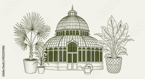 Illustration of a serene greenhouse surrounded by potted plants and gardening tools from a frontal viewpoint
