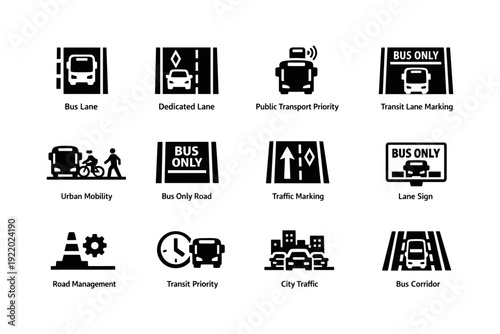 Public transport icons: bus lane, traffic markings, urban mobility, transit priority signage