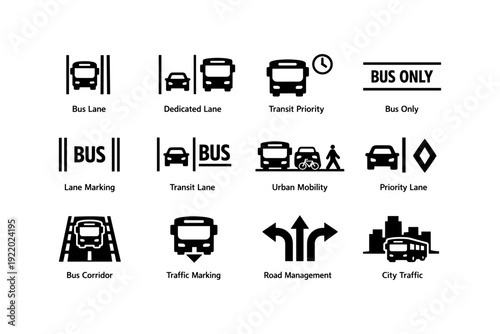 Bus lane and urban mobility icons: transit priority, lane marking, road management