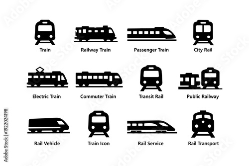 Collection of train icons illustrating various types of rail transport