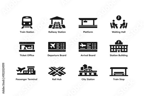 Train and airport station icons: platform, ticket office, departure, arrival, terminal
