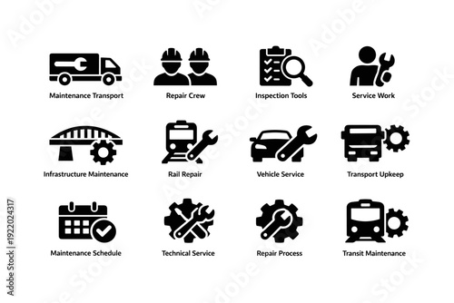 Icons depicting maintenance and repair services for transport and infrastructure
