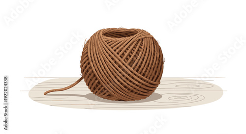 A large spherical ball of natural brown twine is neatly positioned on a light wooden surface with visible grain patterns against a clean white background.