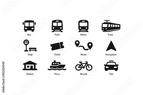 Transportation icons set: bus, train, metro, tram, ferry, bicycle, taxi