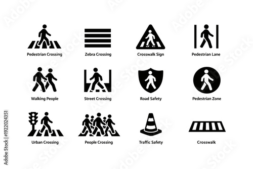 Pedestrian and street crossing icons for urban safety and traffic guidance